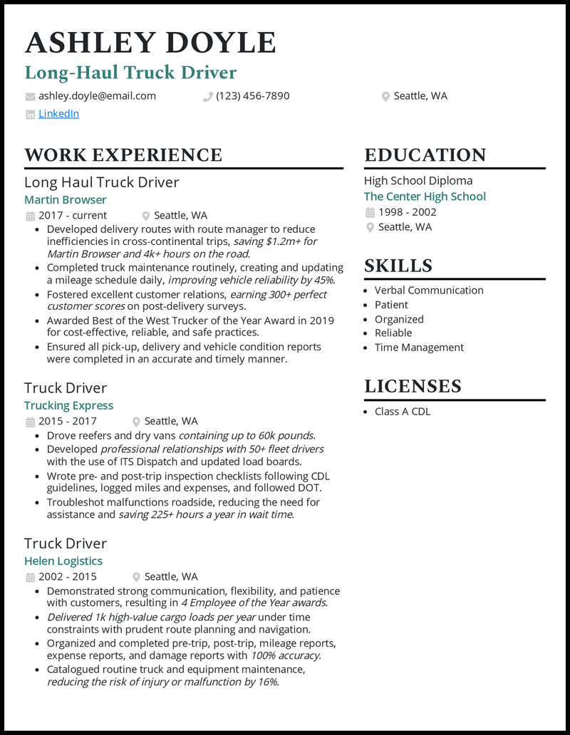 resume format for driver job in word
